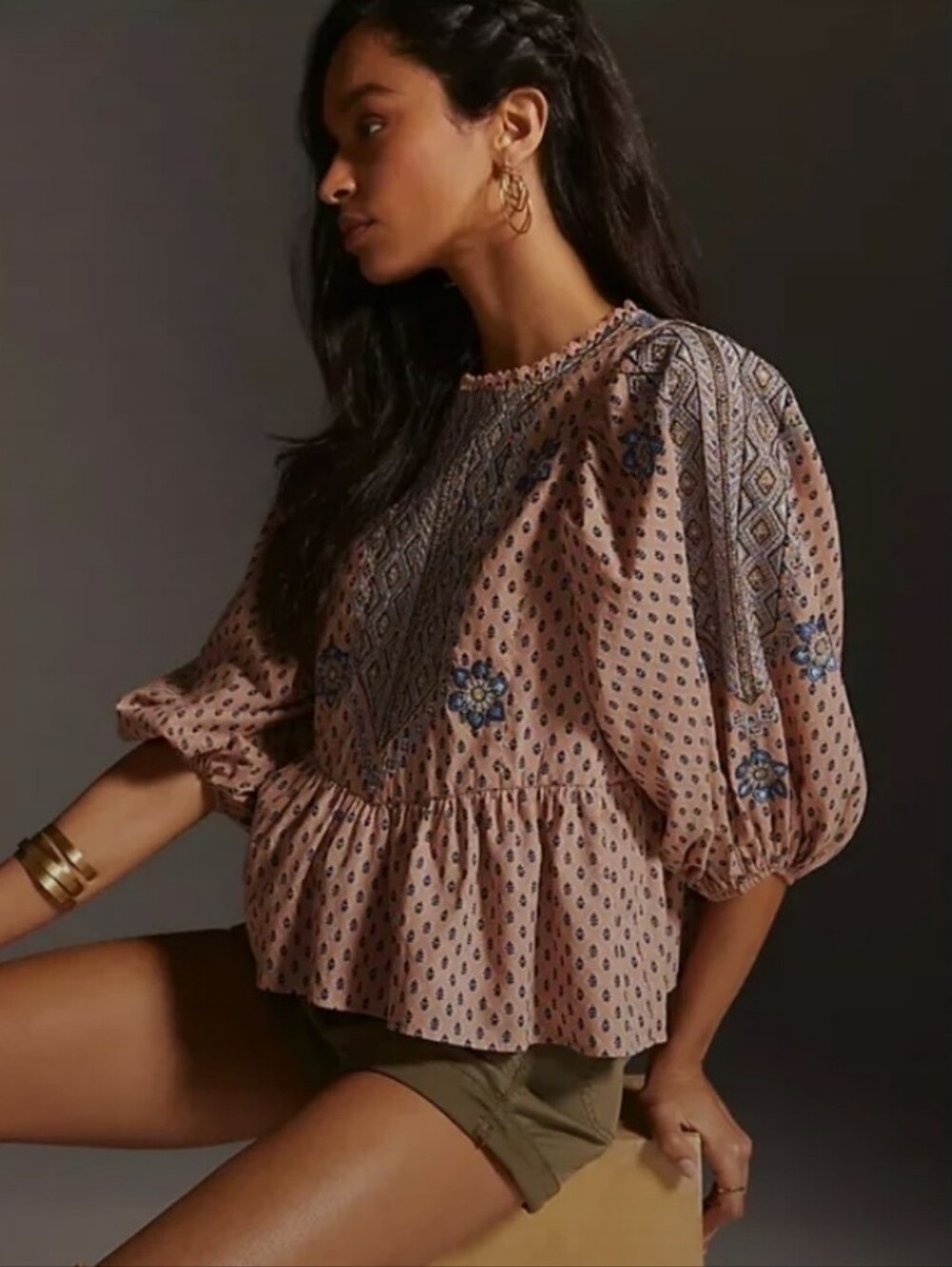 Anthropologie Embroidered Blouse Peplum Puff Sleeves Peach Blockprint Women's XL